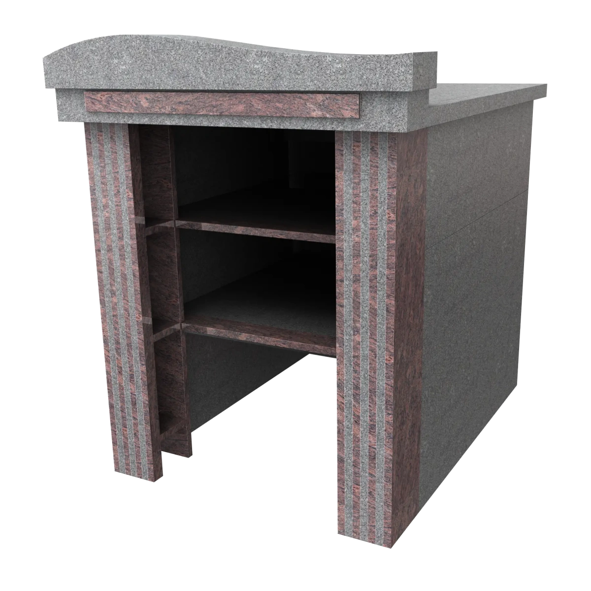 Monument avec piliers et saignées pour insert, et étagères