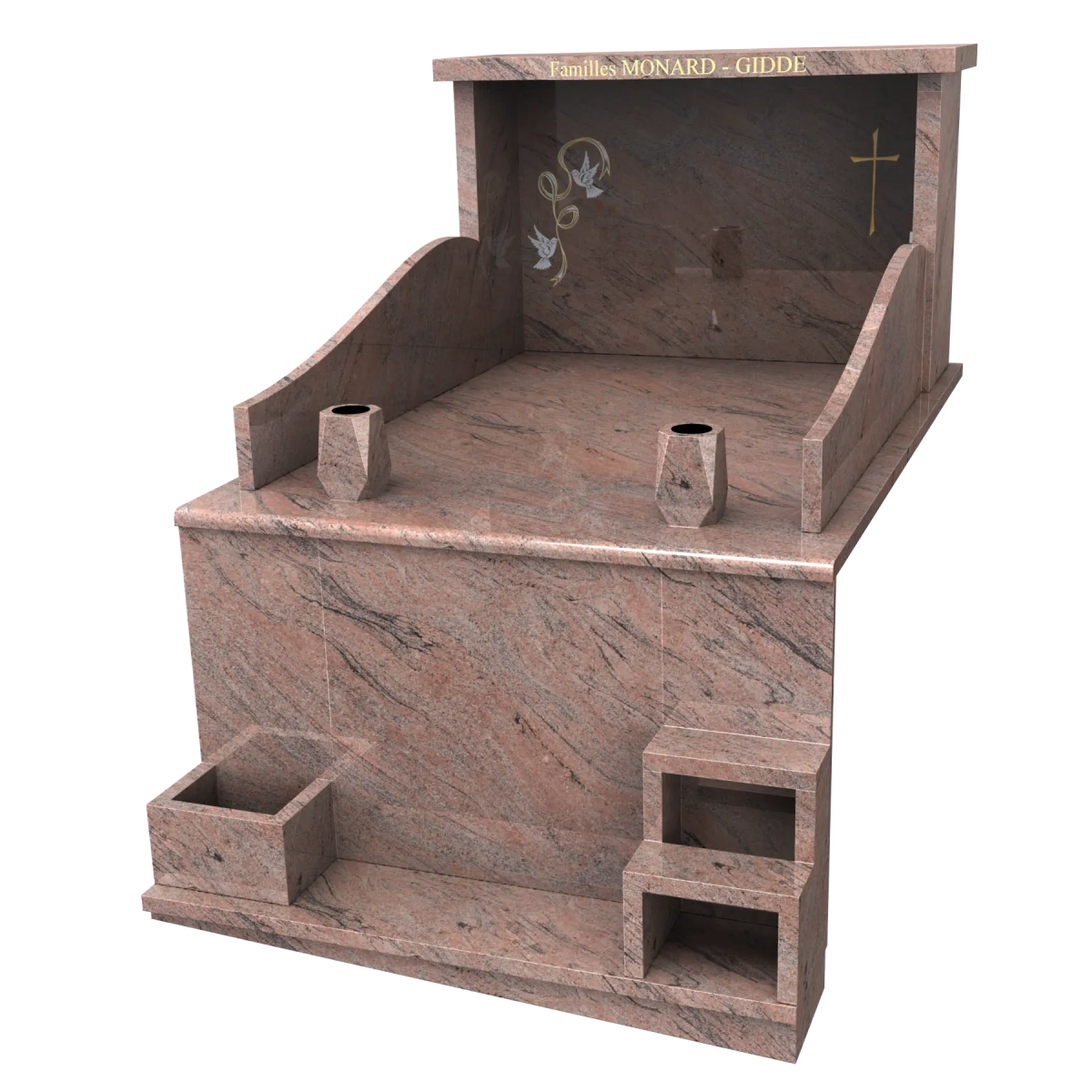 Monument avec motif blanc et or colombes et ruban et jardinières avants et latérales