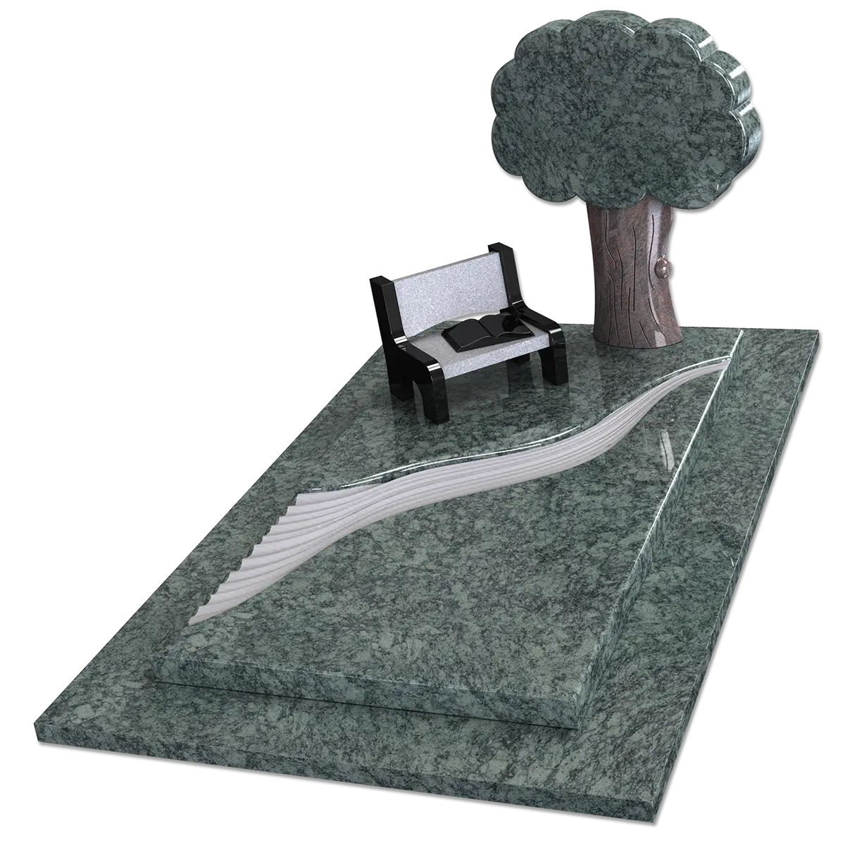 Monument avec son banc + livre + arbre et ruisseau en Vert Olive, Himalaya et Noir Fin