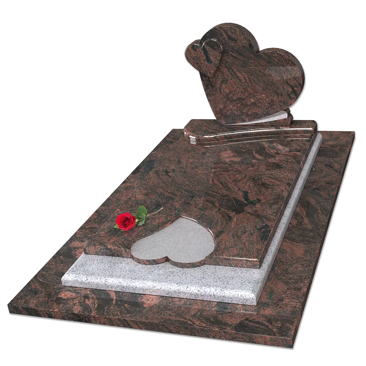 Monument avec stèle double cœur et tombale cœur en Aurora et Blanc Neige